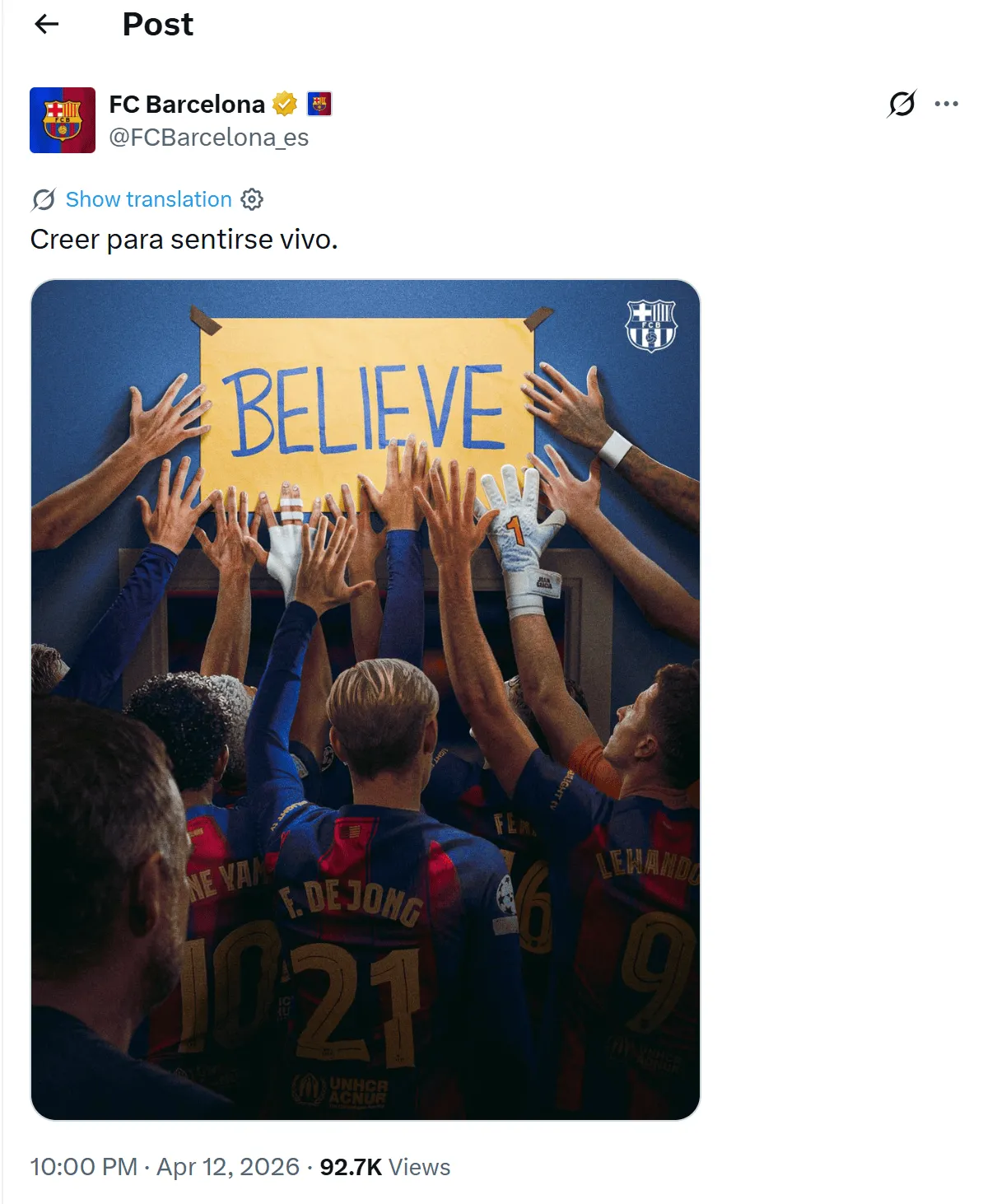 传递逆转信念，巴萨社媒：唯有相信，才能感受到生命的跃动